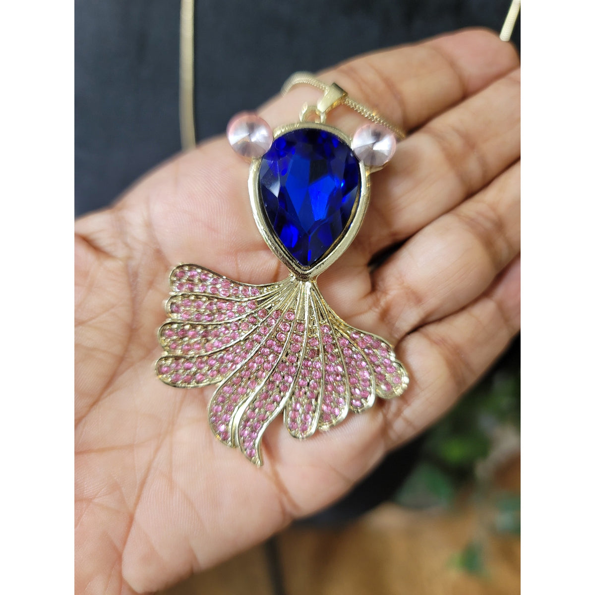 Women's Gold Chain Necklace with Blue and Pink Gemstone Fish Pendant