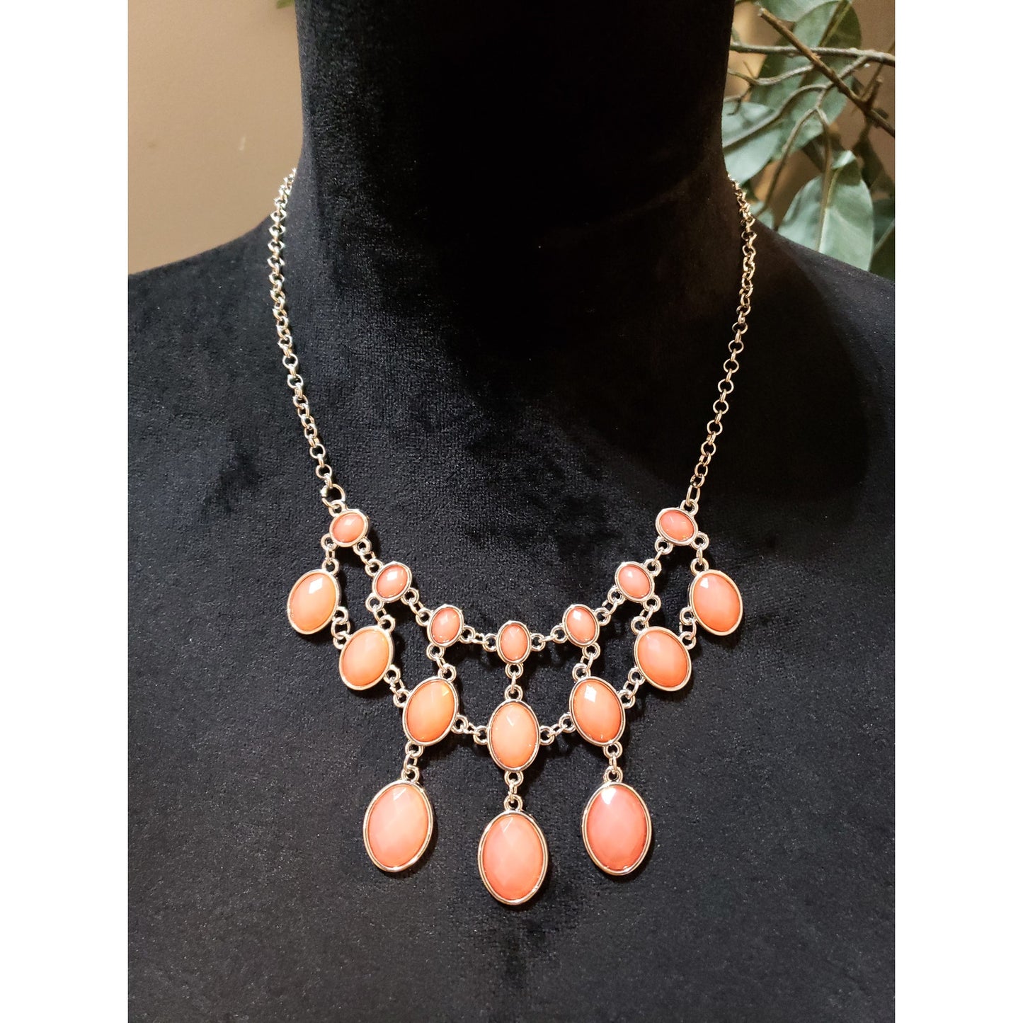 Womens Silver Tone Coral Faux Beads Sweater Linked Bib Necklace with Lobster
