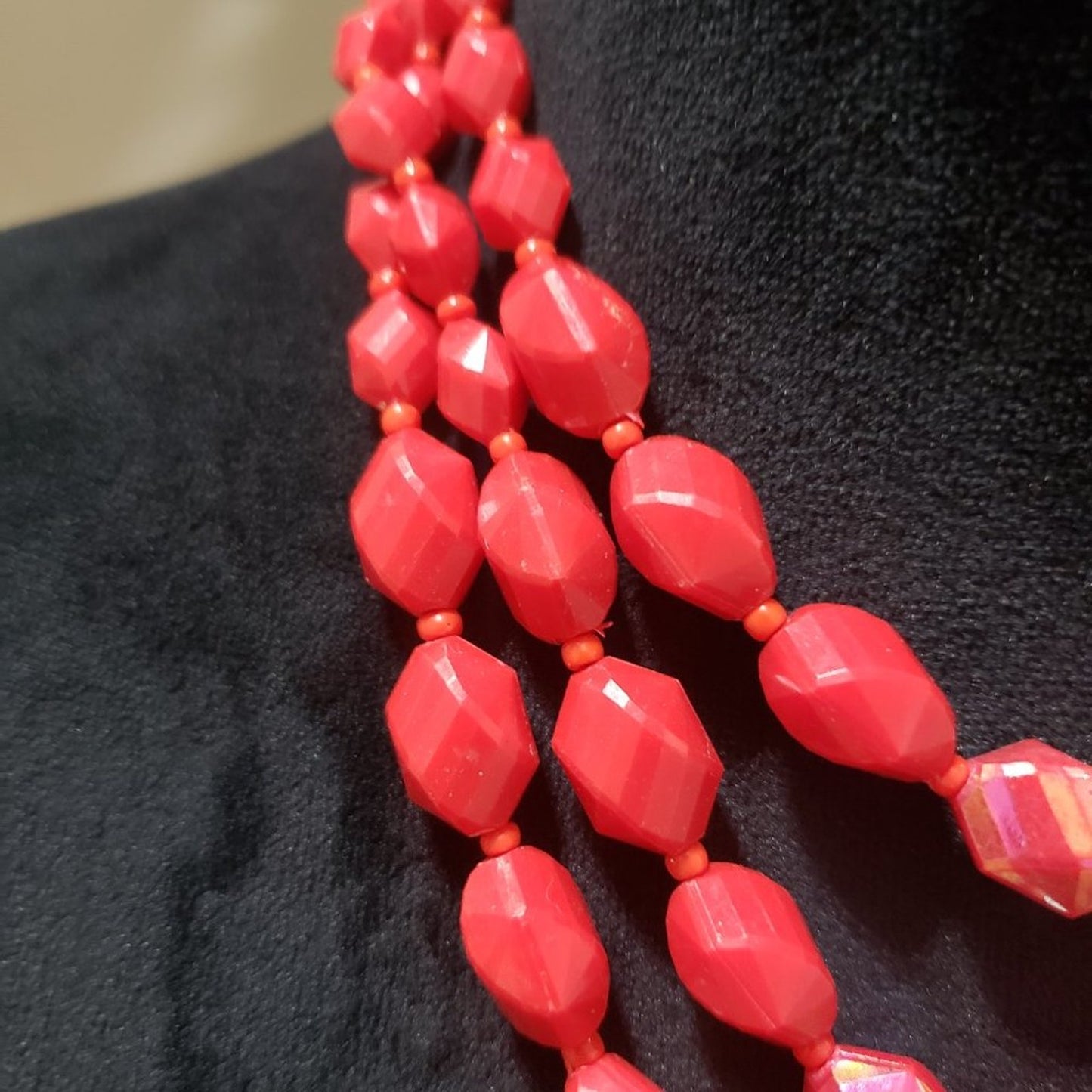 Womens Fashion Red Faceted Beaded Tripple Necklace with Lobster Clasp