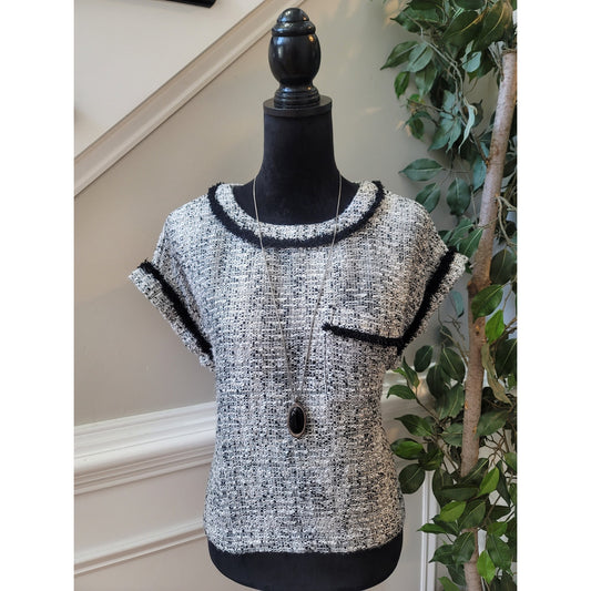 LOFT Short Sleeve Sweater Women Size M Black White Tweed Knit Blouse Workwear
