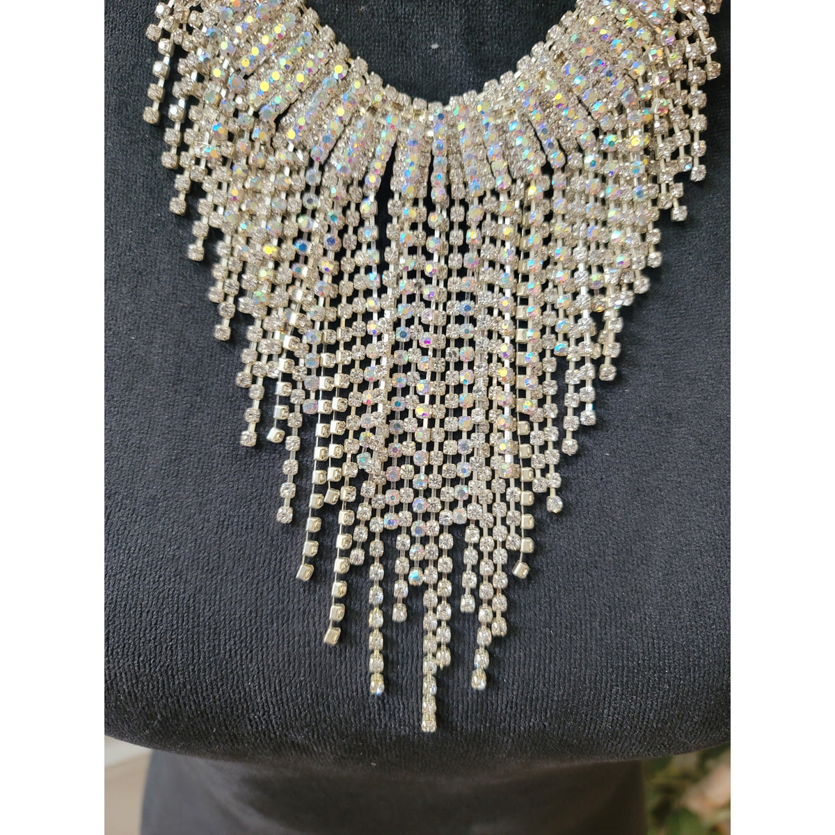 Women's Silver Tone AB Rhinestone Fringe Bib Statement Necklace Jewelry
