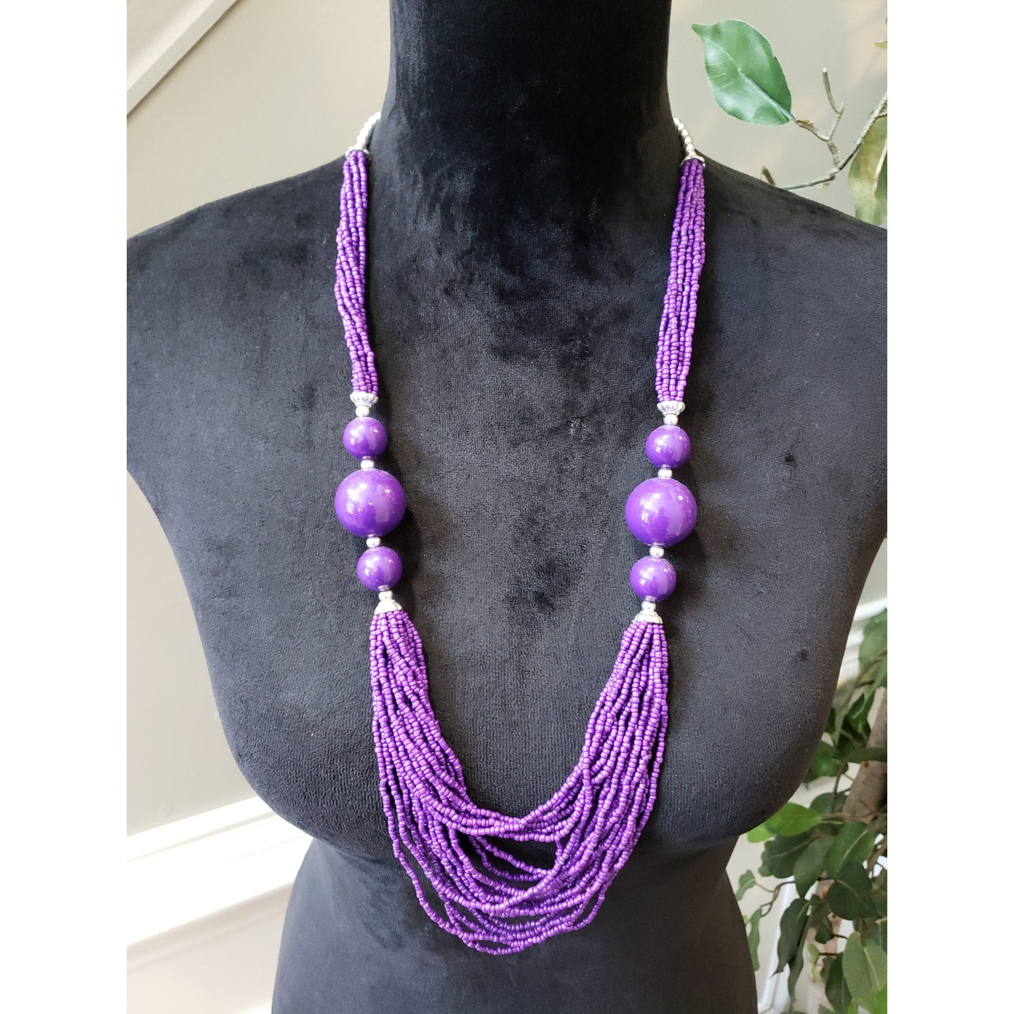 Women's Purple Beaded Necklace Multi Strand Statement Lobster Clasp