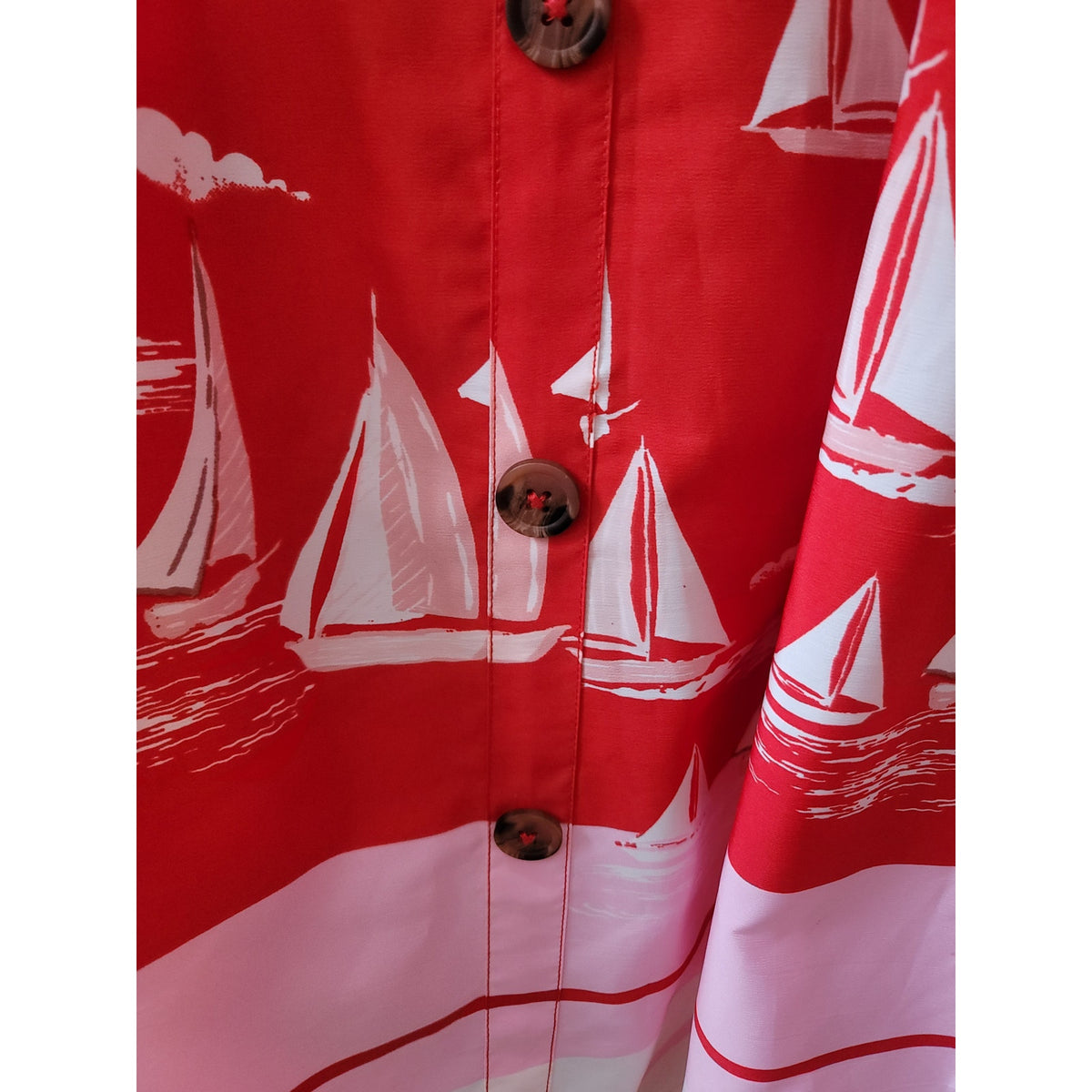Her Destiny Midi Skirt Women's Large Red Sailboat Print Belt Loops Buttons Front
