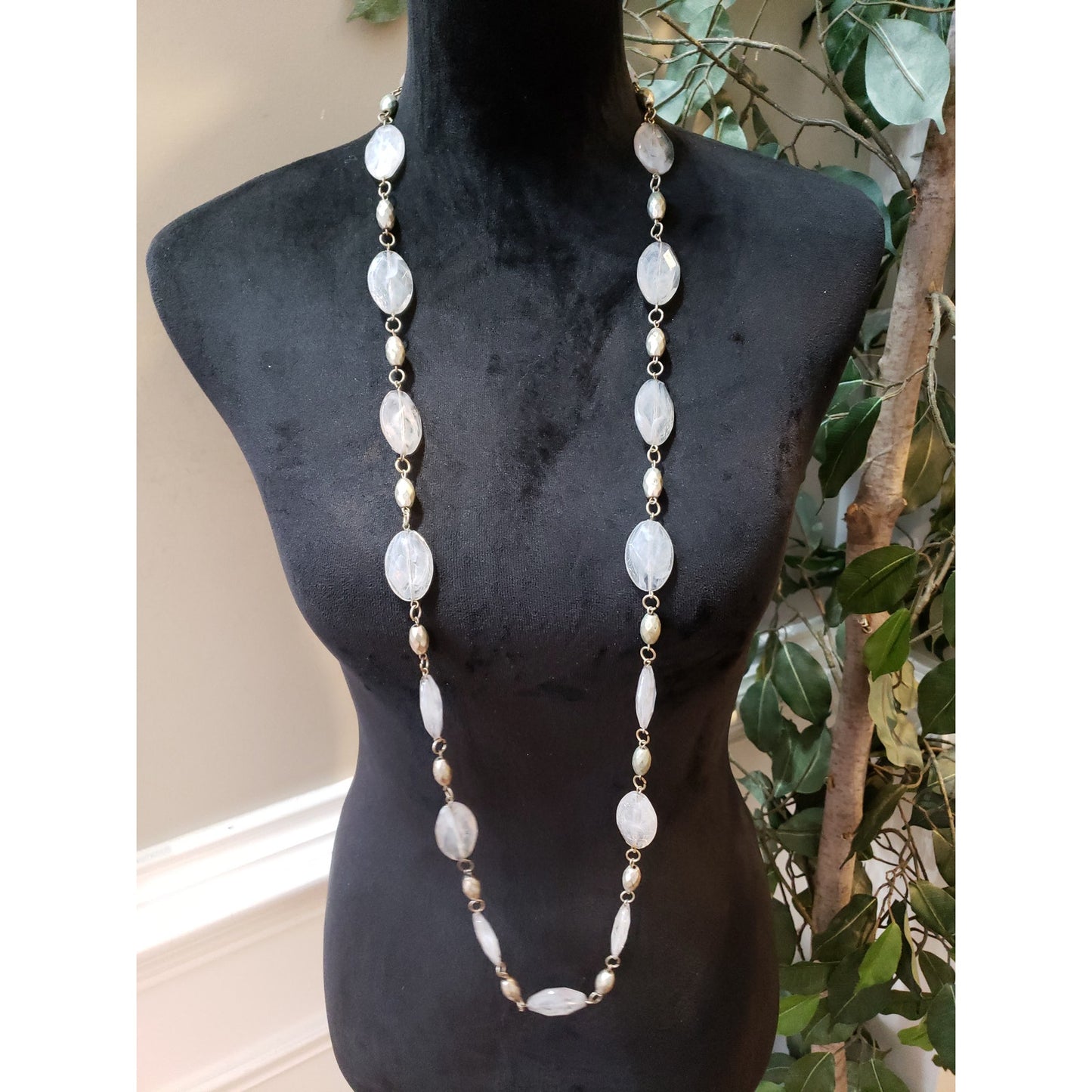 Womens Fashion Chunky Oval Smoky Selenite Beads Barrel Spacers Long Necklace