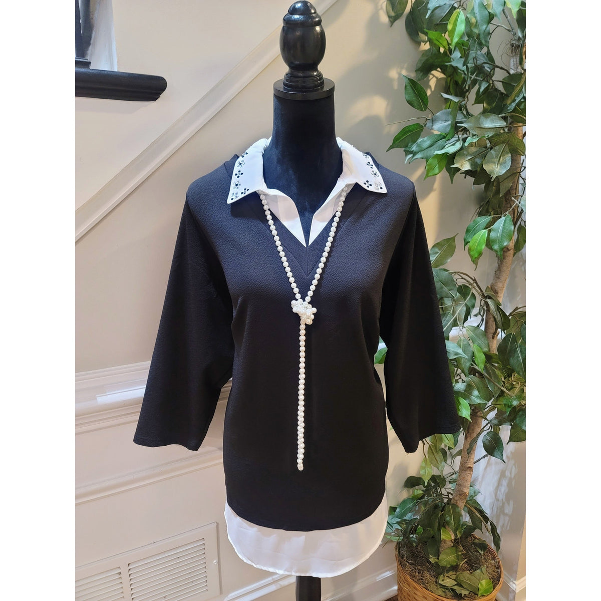 Adrianna Papell Twofer Top Women's Size 1X Black Ivory Rhinestone Embellished