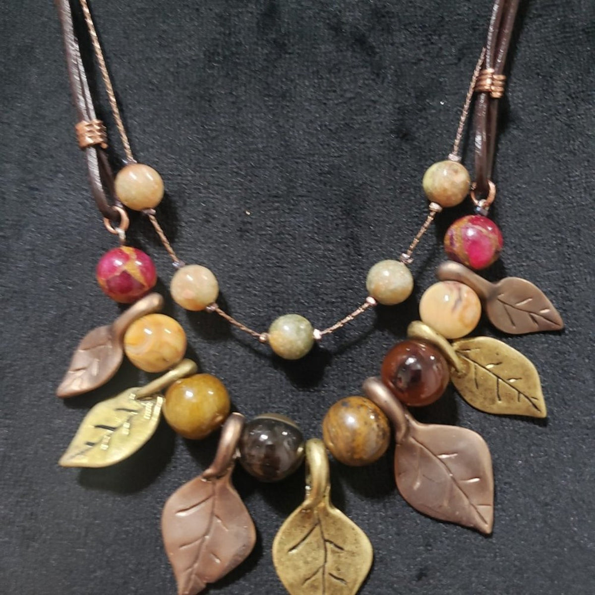 Christopher & Banks Vintage Metal Leaves and Marbled Beads Statement Necklace