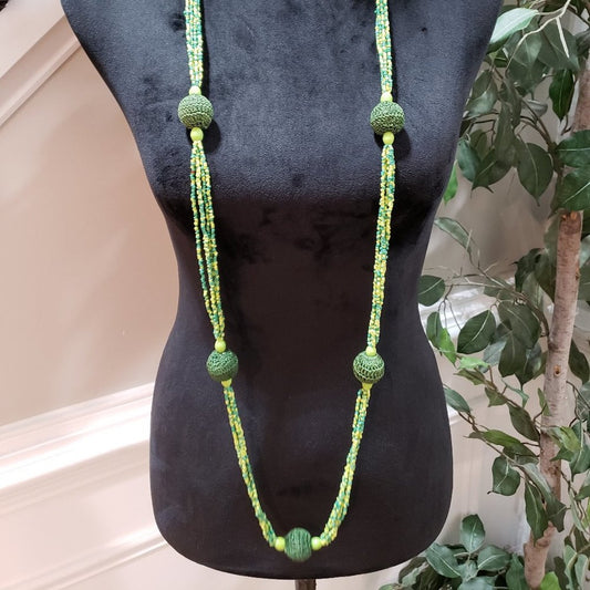 Womens Fashion Ethnic Lime Green Glass Beaded Long Collar Necklace Jewellery