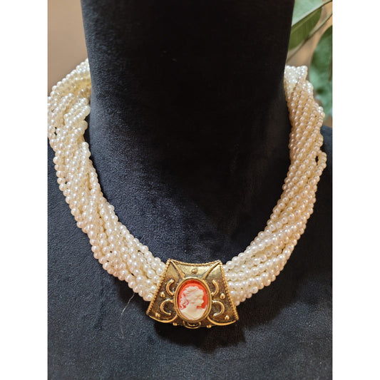 Women's Multi Strand Pearl Necklace With Cameo Pendant And Lobster Clasp Lock