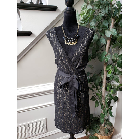 Lane Bryant Shift Dress Women's Size 22 Black Lace Lined Tie Waist Wrap V Neck