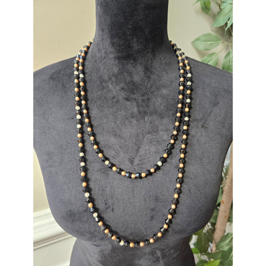 Women's Long Beaded Necklace With Black Crystal Gold Pearl And White Bead Design
