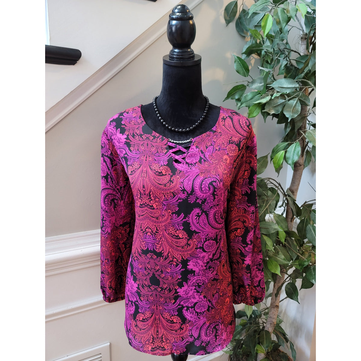 Est 1846 Blouse XL Multi Paisley Criss Cross Split Drop Shoulder Curved Pullover