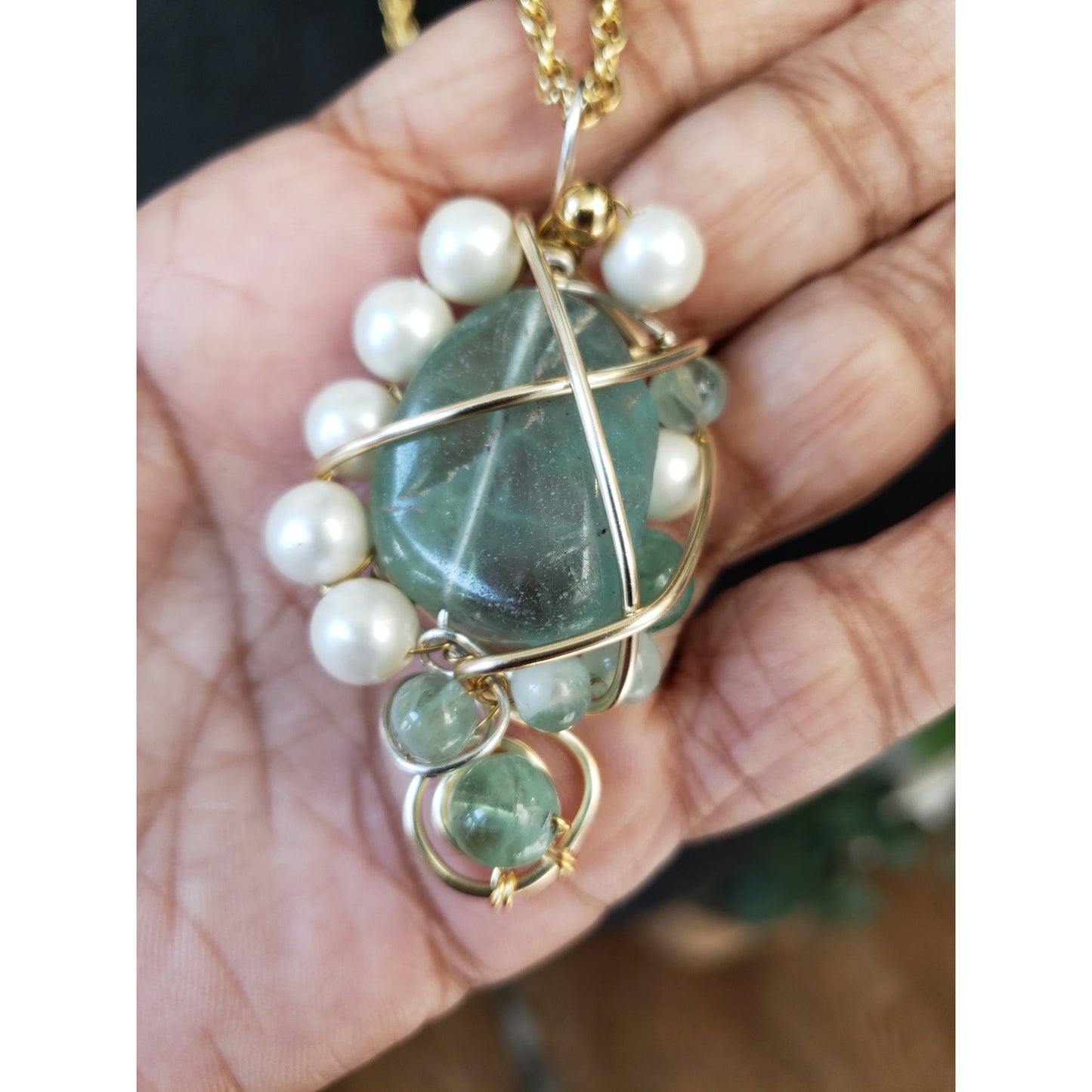 Handmade Gold Wire Wrapped Green Stone Pearl Pendant Necklace Boho Unique