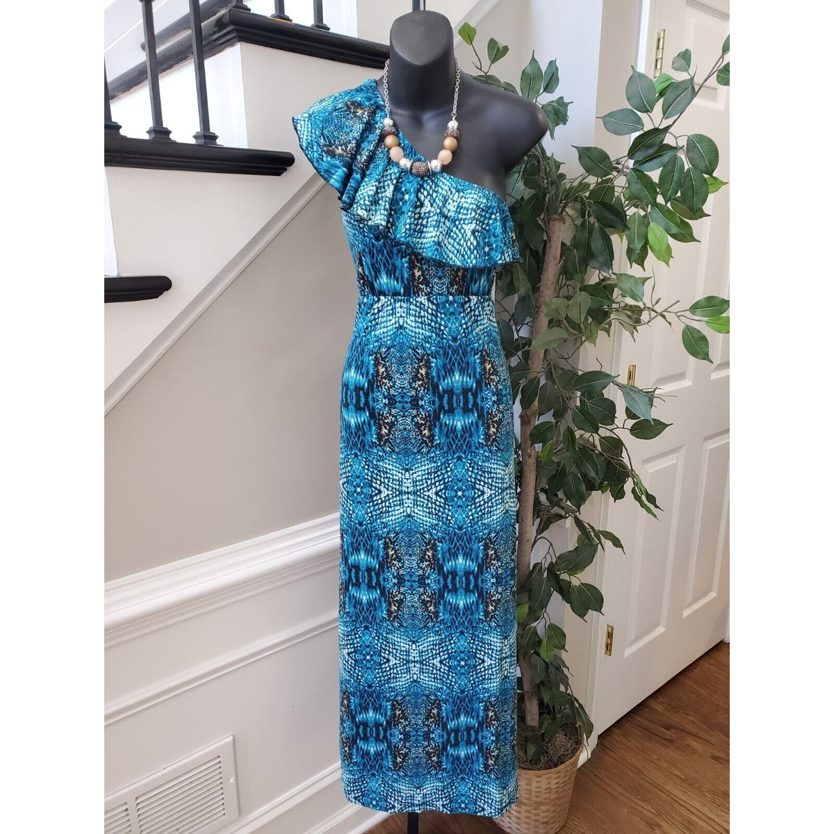 Mix & Co. Women's Blue Polyester One Shoulder Off Sleeveless Long Maxi Dress L