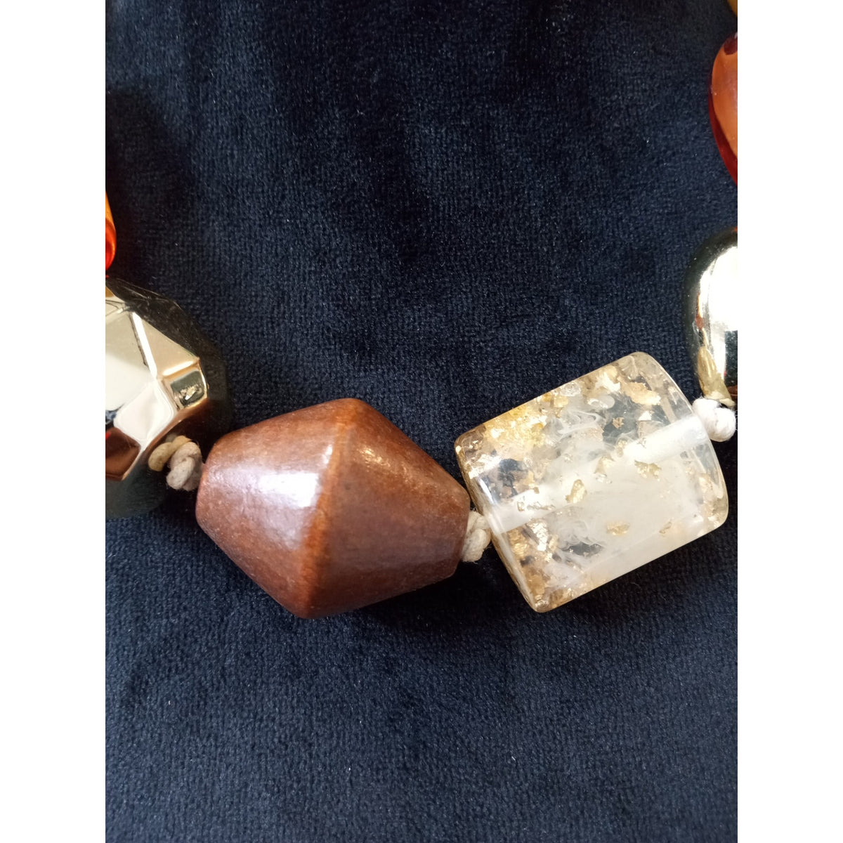 Chunky Mixed Media Beaded Statement Necklace Amber Gold Brown Artisan Boho
