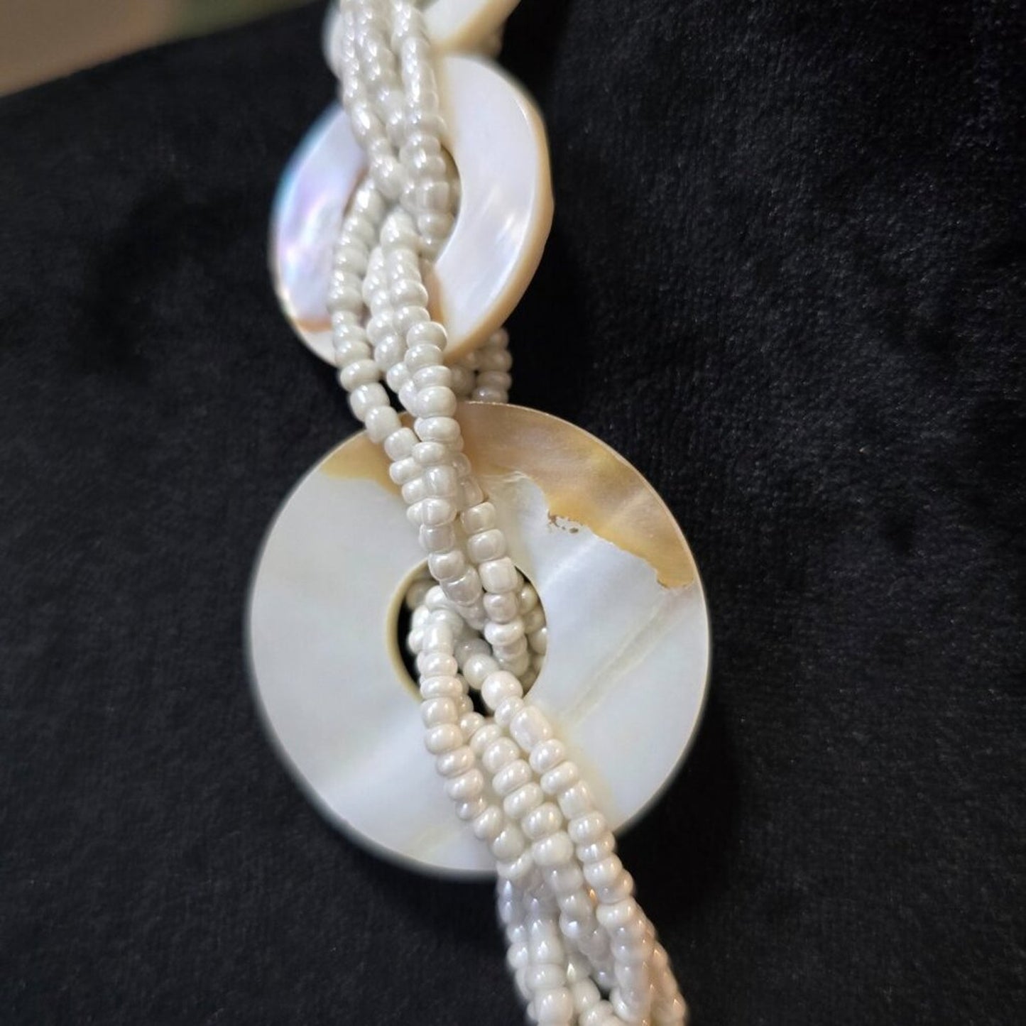 Women White Discs and Braided Seed Bead Multi-Strand Necklace with Lobster Clasp