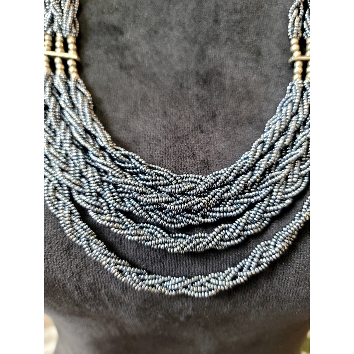 Gray Multi Strand Seed Bead Statement Necklace Gold Tone Accents