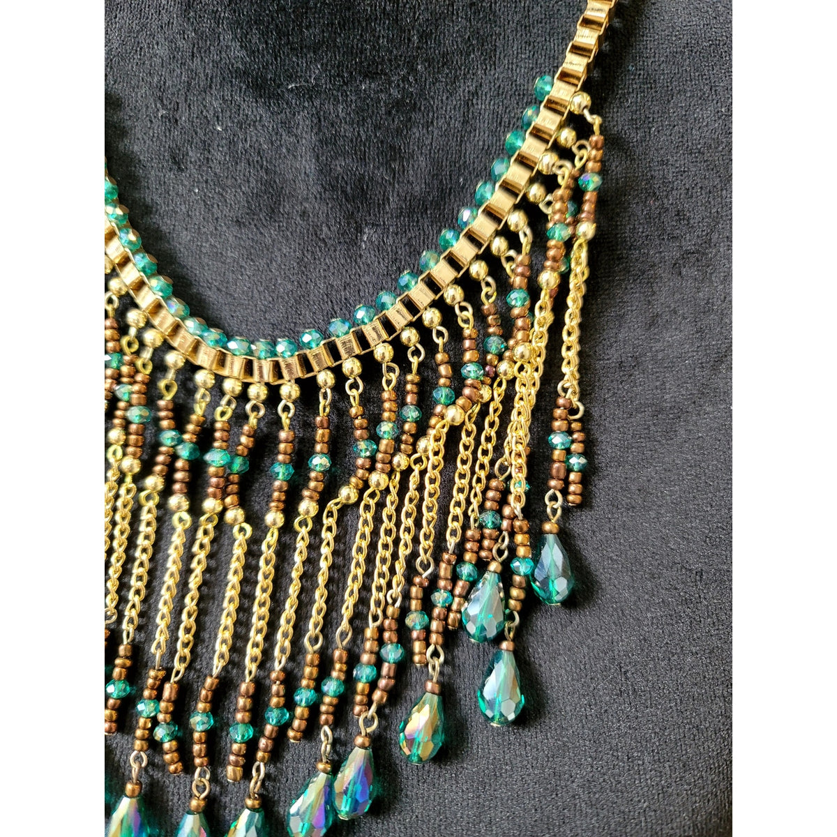 Turquoise Beaded Fringe Statement Necklace Gold Tone Boho