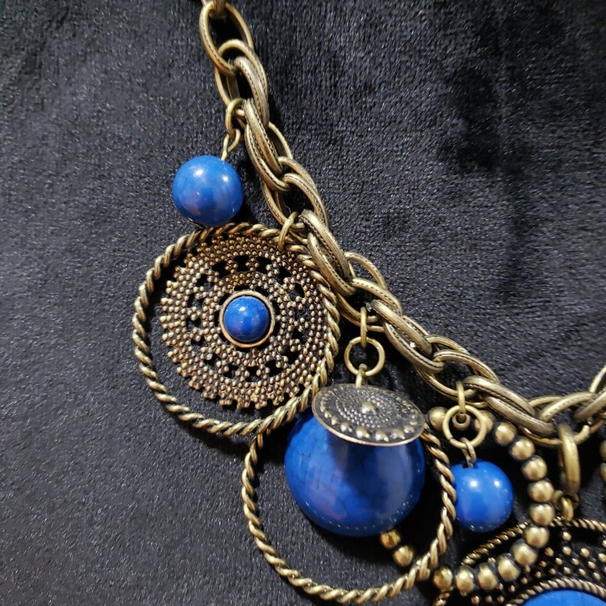Womens Fashion Indigo Blue Antiqued Brass Chunky Charm Necklace w/ Lobster Clasp