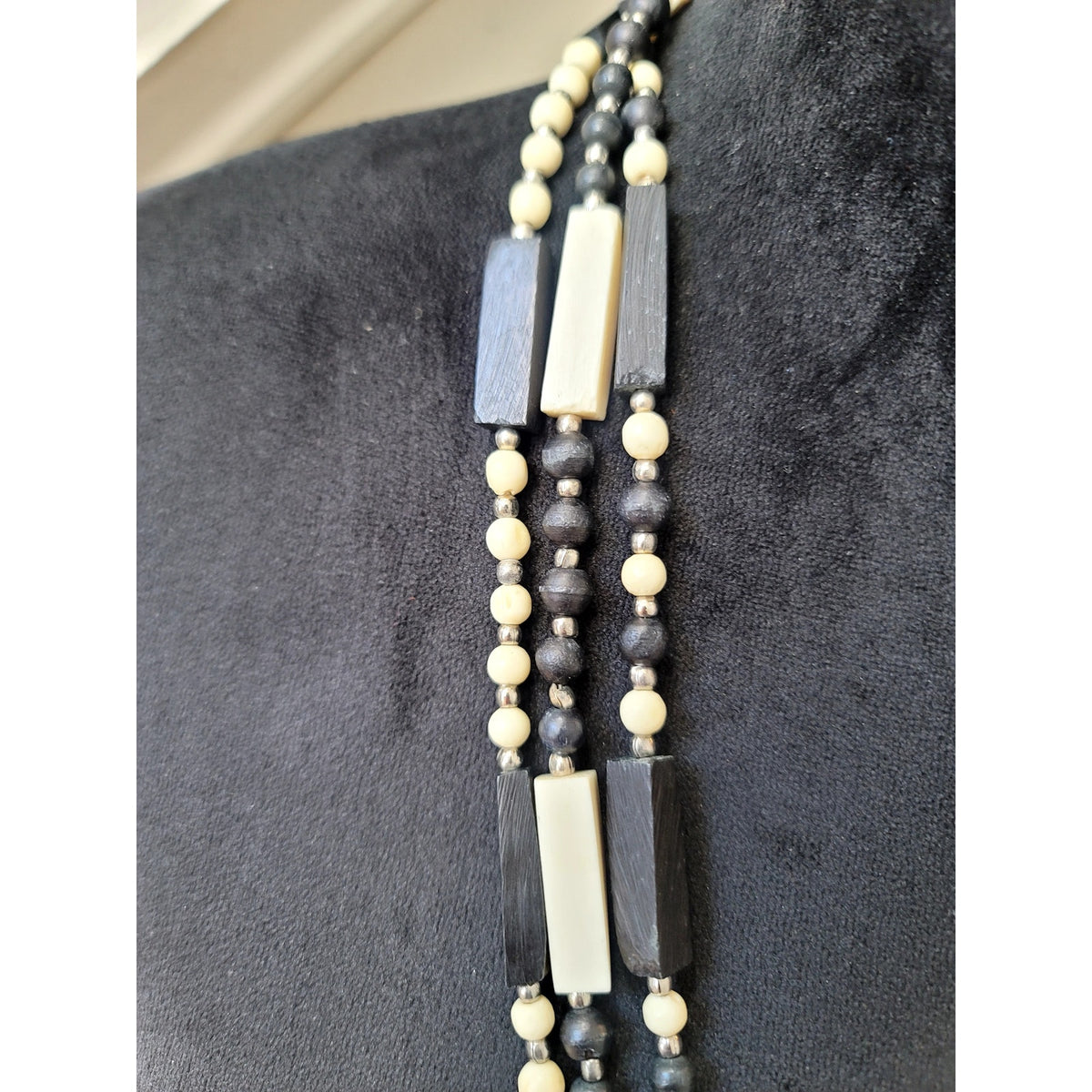 Black White Multi-Strand Beaded Necklace Geometric Layered Statement Boho