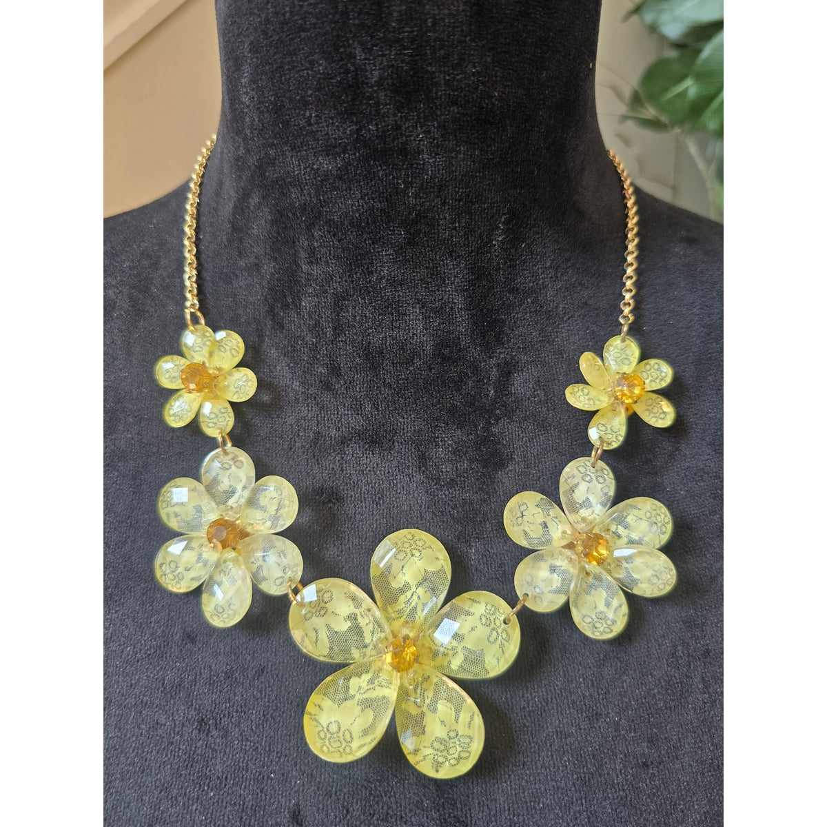 Gold Tone Yellow Floral Acrylic Statement Necklace