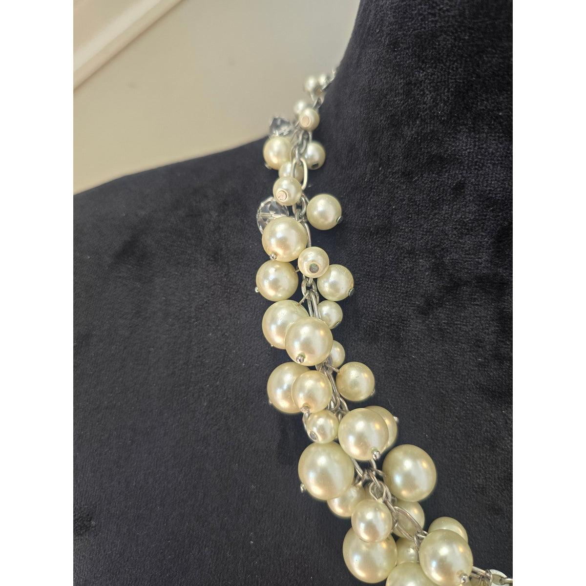Cream Faux Pearl Silver Tone Multi Strand Statement Necklace