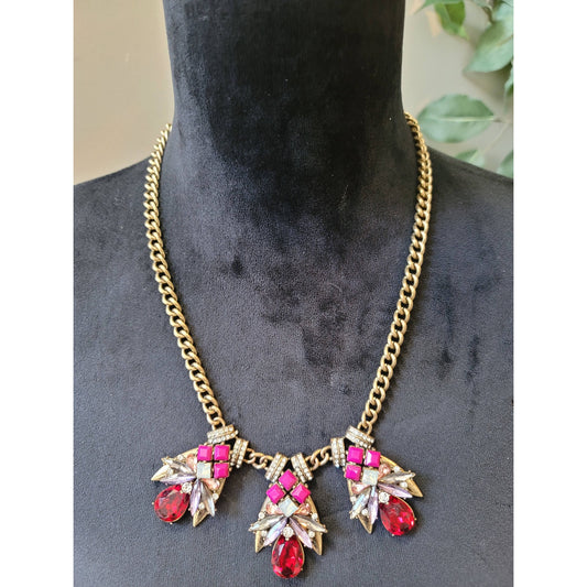 Women's Gold Tone Chain Necklace Red Crystal Pink Gem Lobster Clasp Bold Jewelry