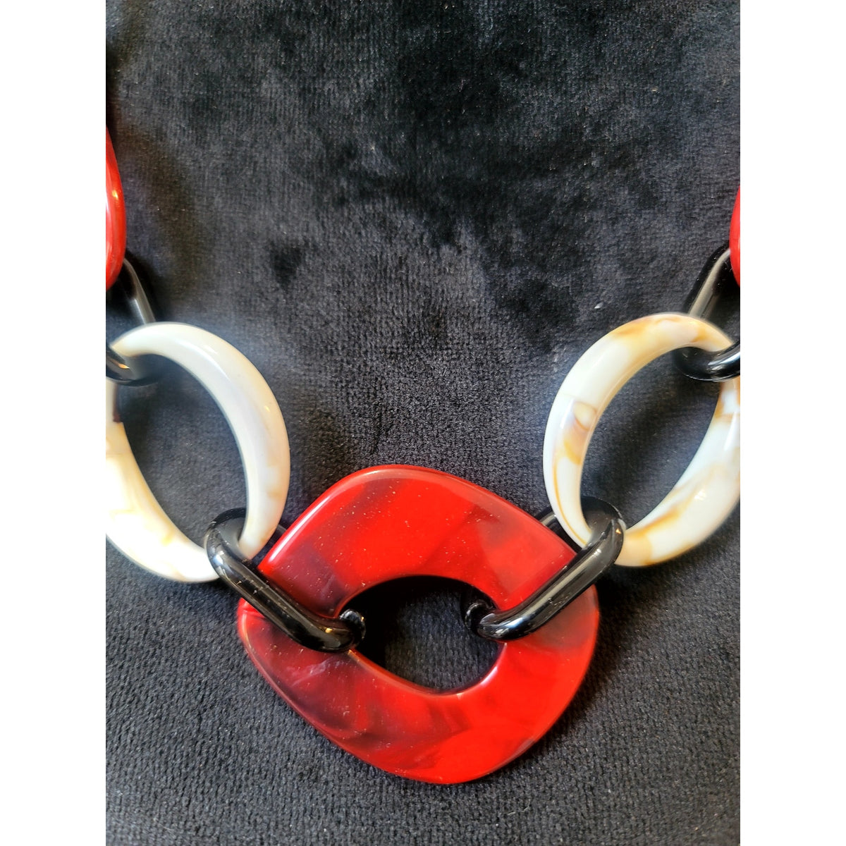 Chunky Resin Link Necklace & Hoop Earrings Set Red Black White Statement Boho