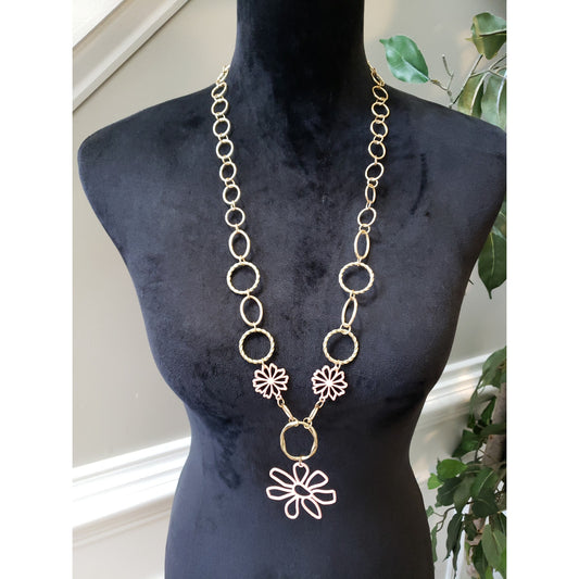 Women's Gold Tone Flower Pendant Necklace Pink Charms Lobster Clasp