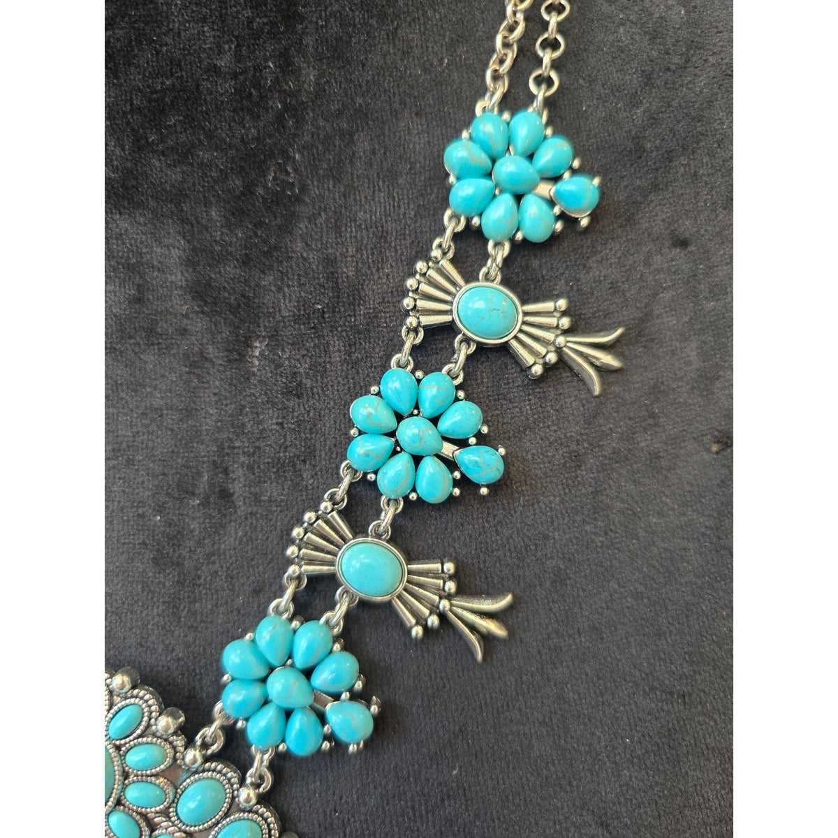 Turquoise Blue Floral Beaded Squash Blossom Style Silver Tone Necklace