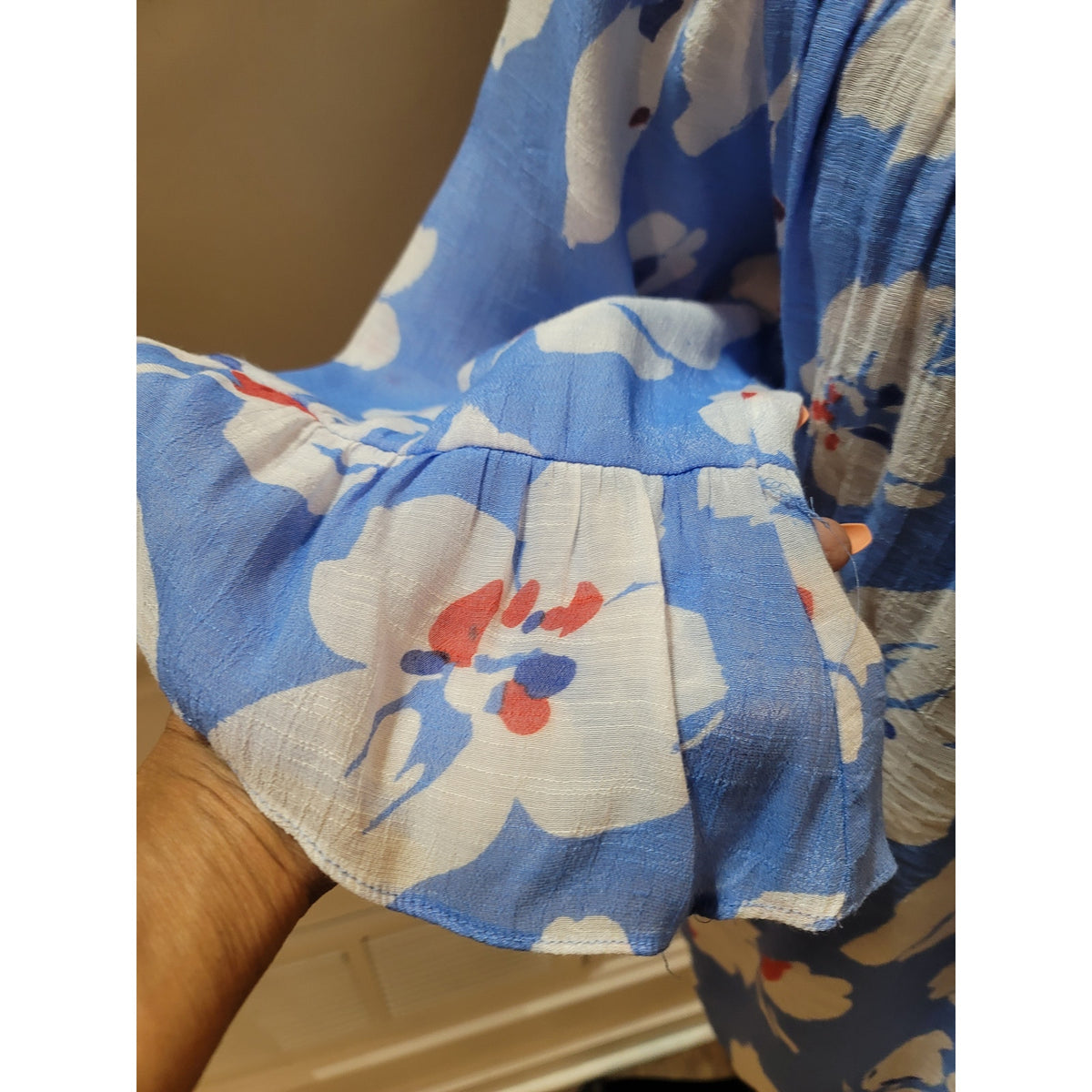Zac & Rachel Blouse Women XL Blue White Floral Smocked Square Neck Flared Sleeve