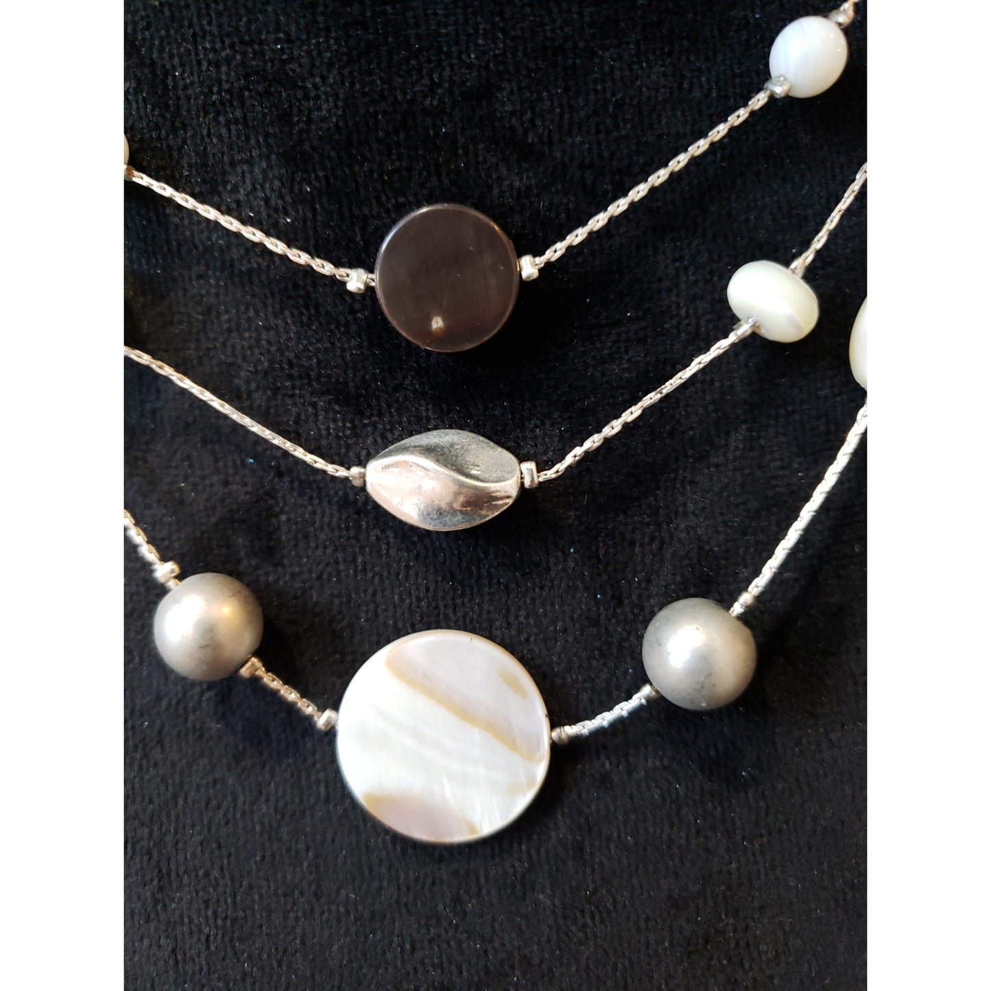 Womens 3 Strand Silver Tone Faux Pearl Abolan Shell Blister Pearl Bib Necklace