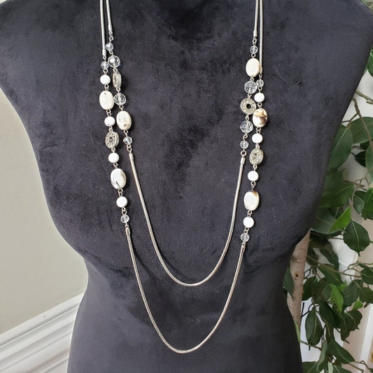 Loft Womens Silver Tone Pearl & Crystel Bead 2 Strand Long Chain Collar Necklace
