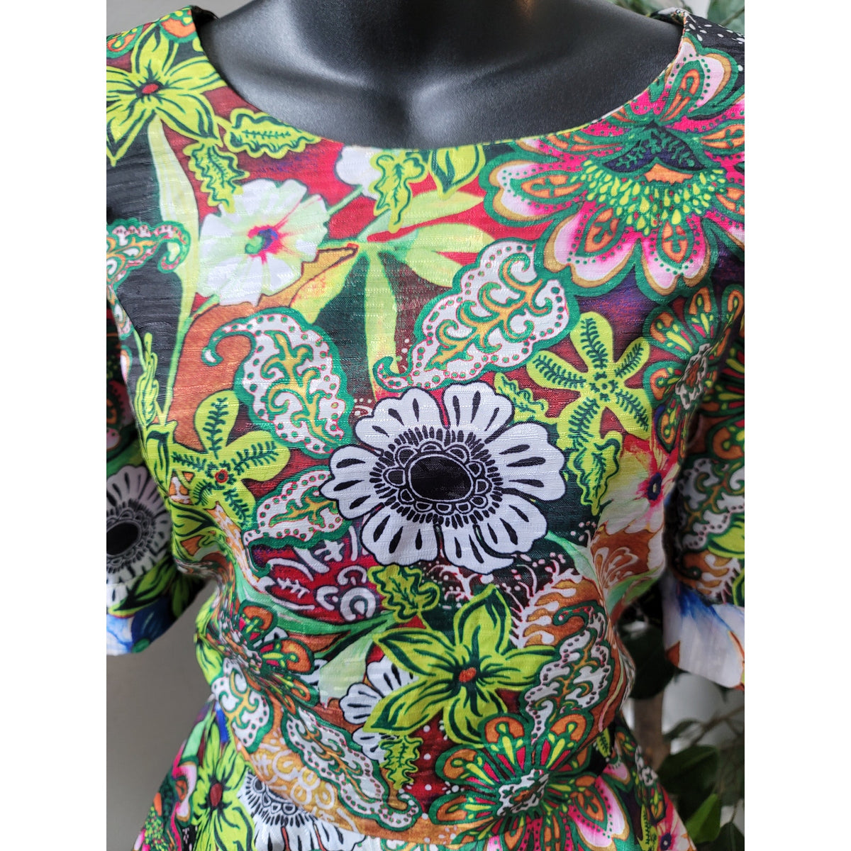 Kosmios Shirt Women's Large Multicolor Puff Sleeve Peplum Top High Low