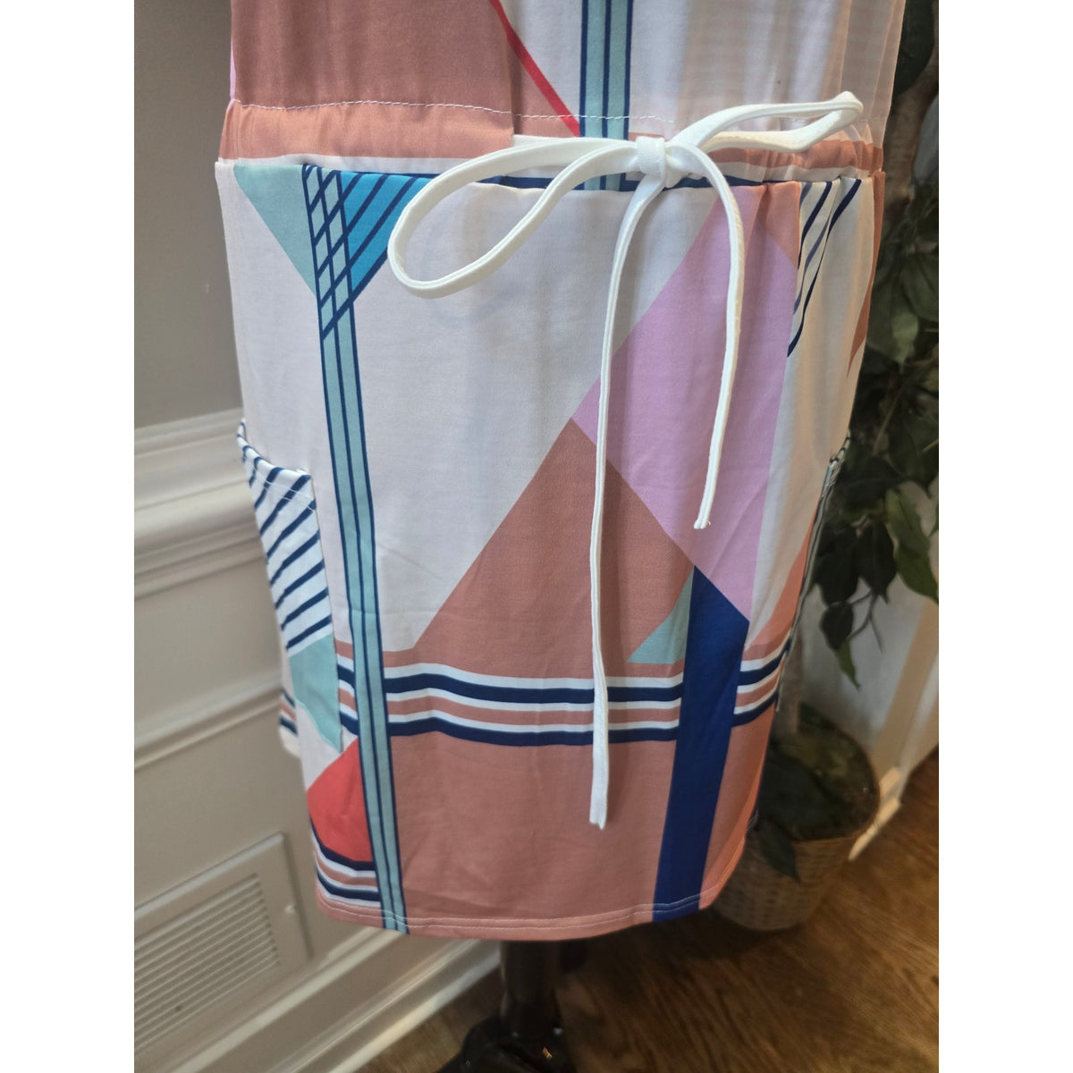 Saukole Mini Dress Women 2XL Multicolor Geometric Drawstring Waist Keyhole Neck