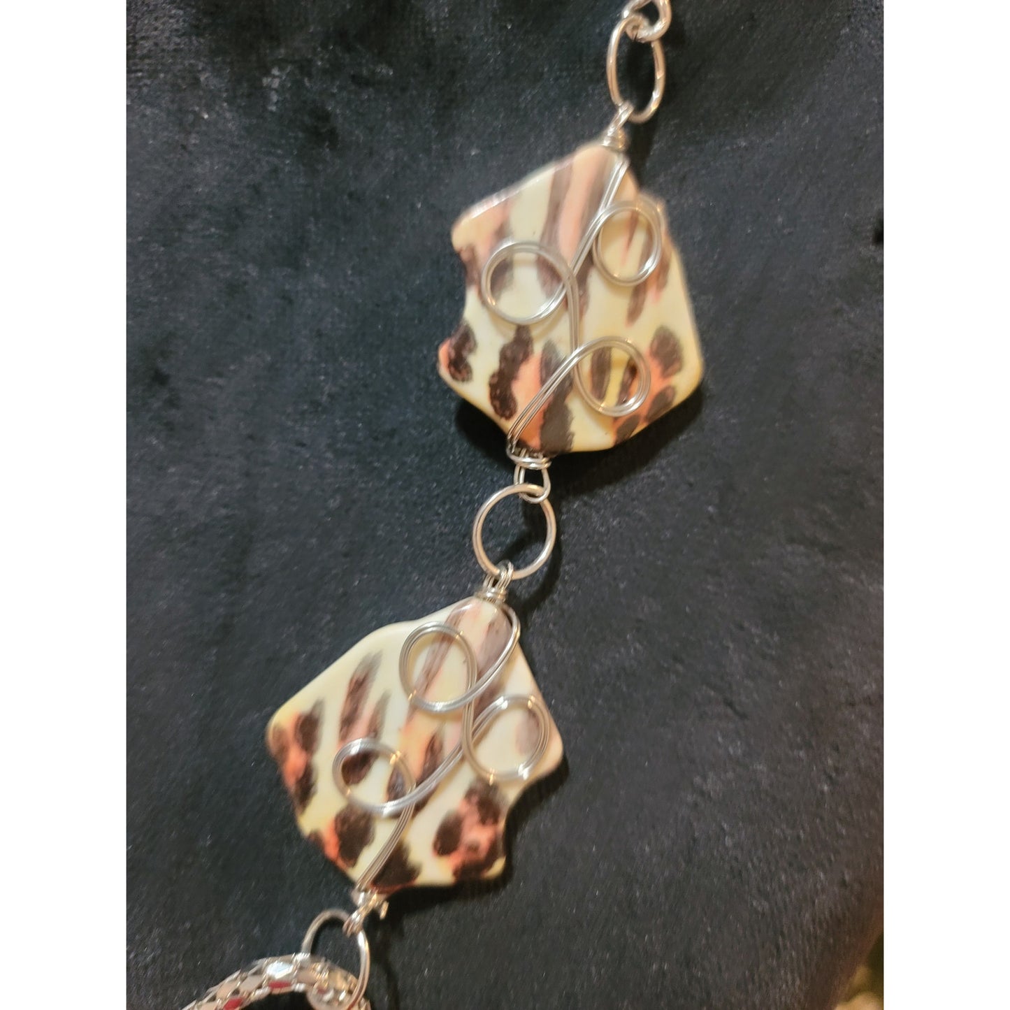 Women's Statement Necklace With Leopard Print Beads And Silver Chain Links