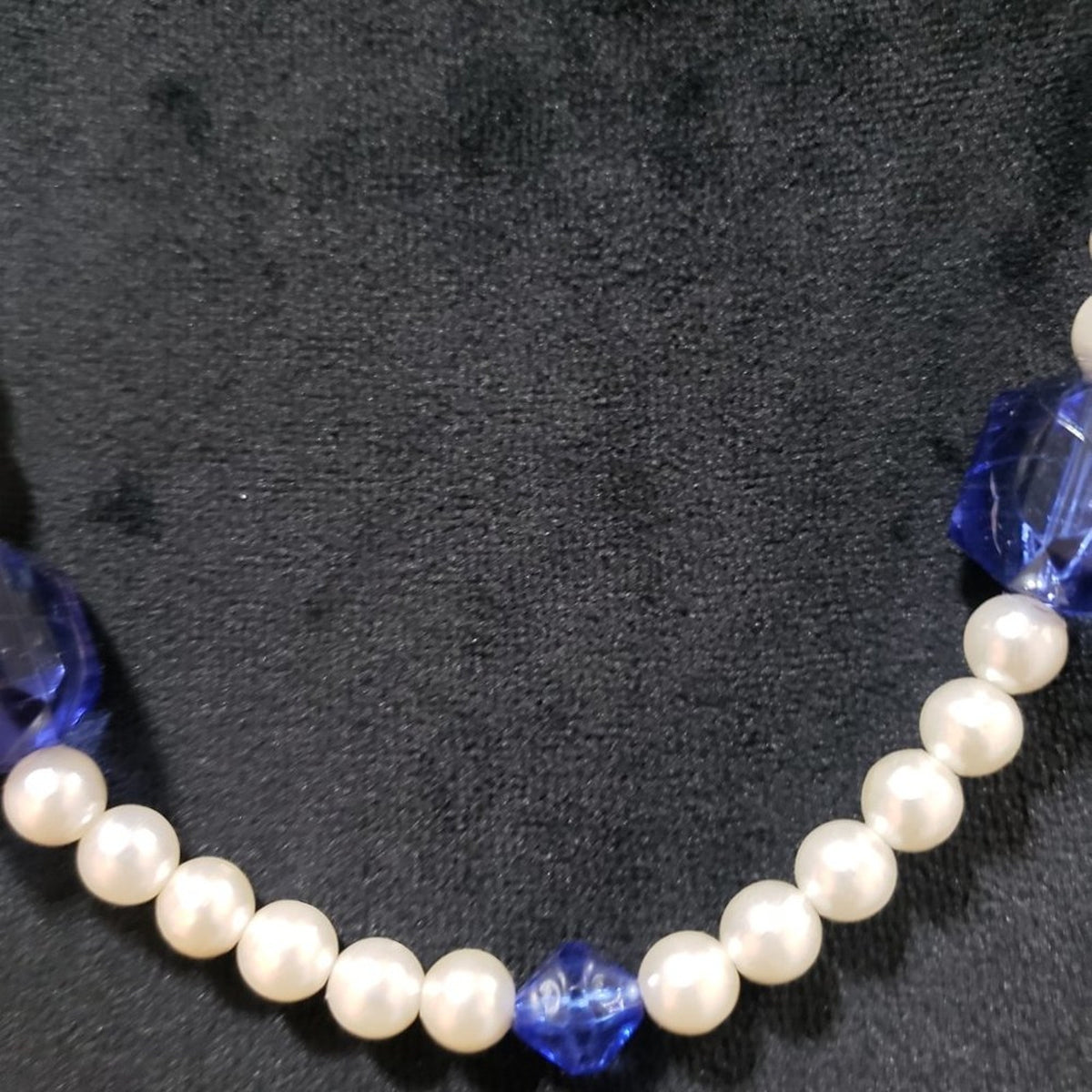 Womens Fashion Blue Color Rhinestone Natural Faux Pearl Beaded Collar Necklace