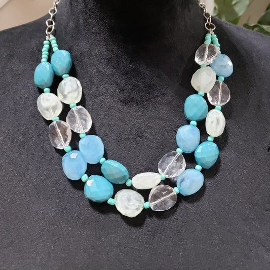 Women Fashion Mystic Mint Faceted Bead 2 Strand Collar Necklace w/ Lobster Clasp