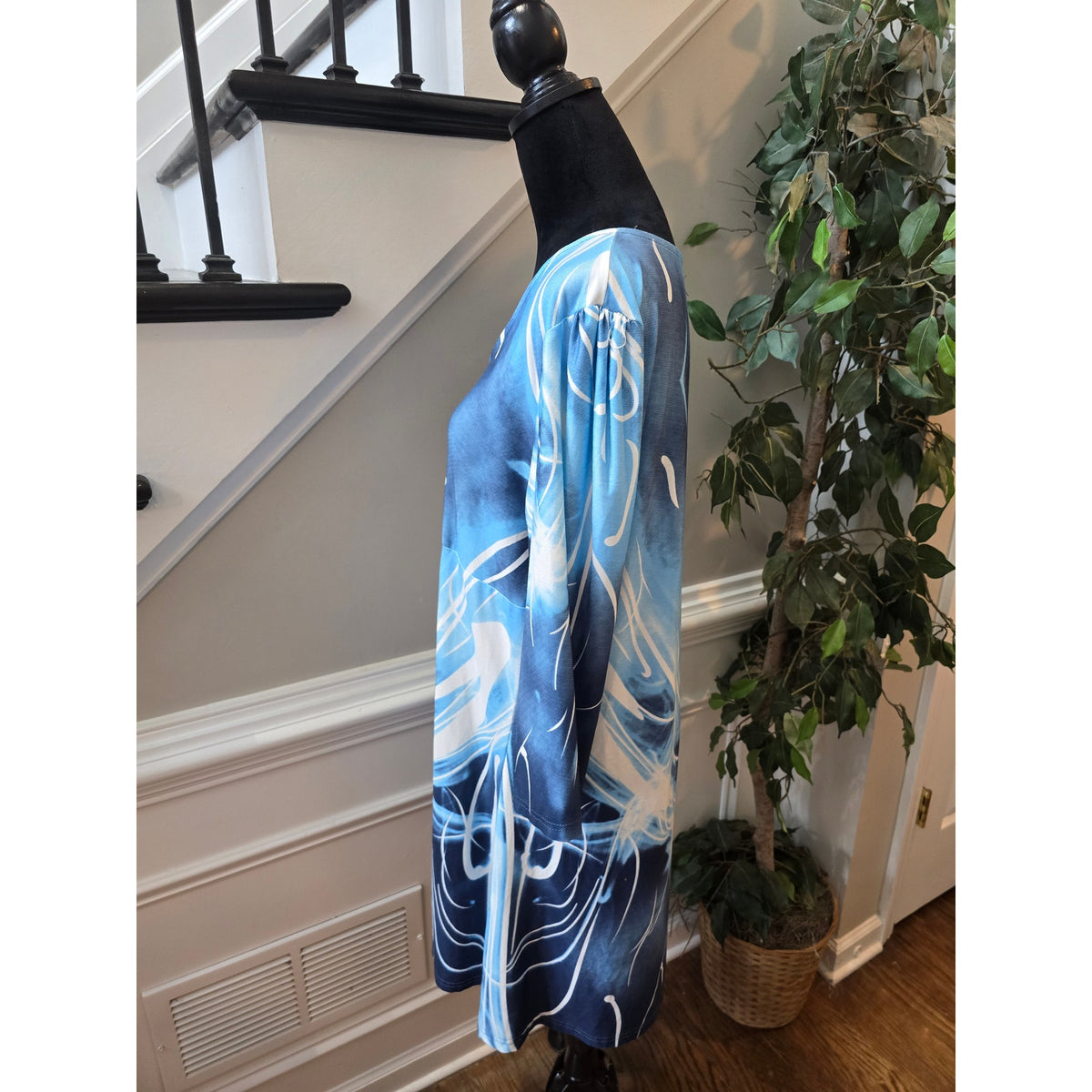 R&B Collection Shirt Dress Women's Size 2X Blue Floral Pattern Long Sleeves
