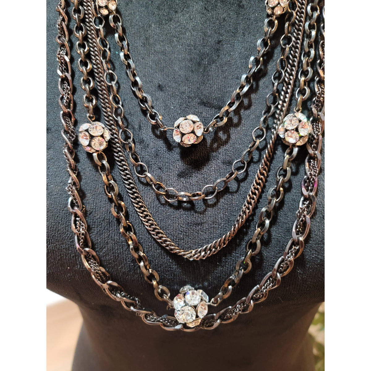 Womens Layered Gray Chain Necklace With Crystal Flower Accents Statement Jewelry