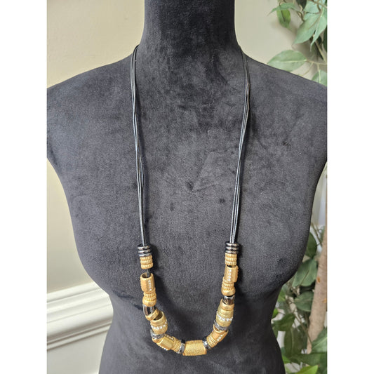 Women's Gold Beaded Pendant Necklace With Black Cord And Lobster Claw Lock