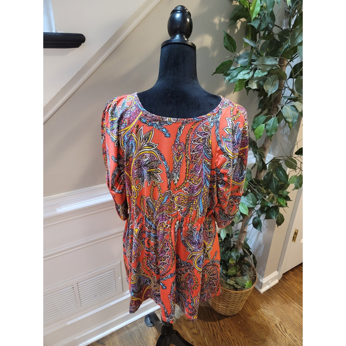 One World Blouse Top Womens SZ 2X Multicolor Paisley Empire Waist Pleated V-Neck