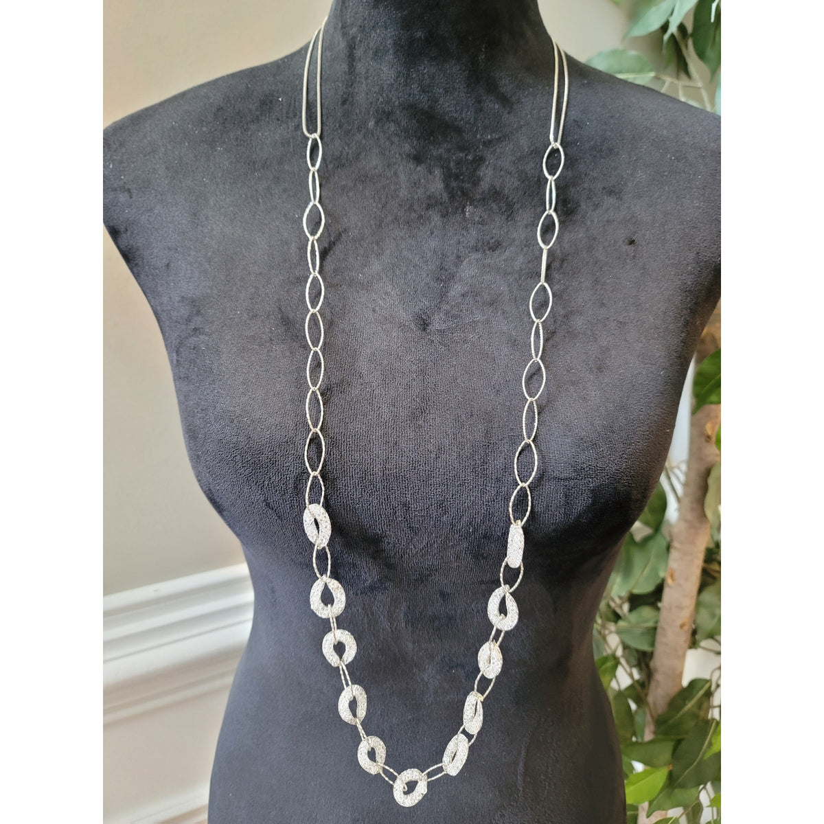 Women's Long Textured Oval Link Necklace with Lobster Claw Lock Elegant Design