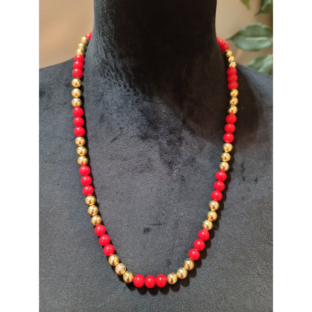 Women's Red Beaded Necklace With Gold Tone Beads And Spring Ring Lock Jewelry