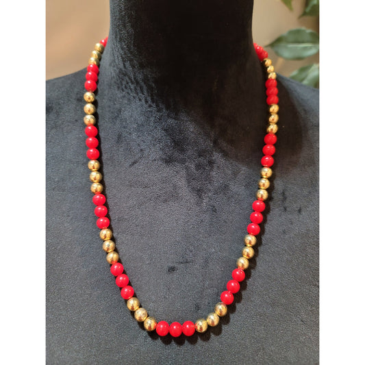 Women's Red Beaded Necklace With Gold Tone Beads And Spring Ring Lock Jewelry