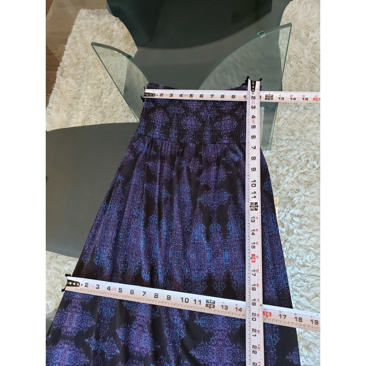Gap Smocked Long Maxi Dress Women's Small Black Blue Geo Print Off The Shoulder