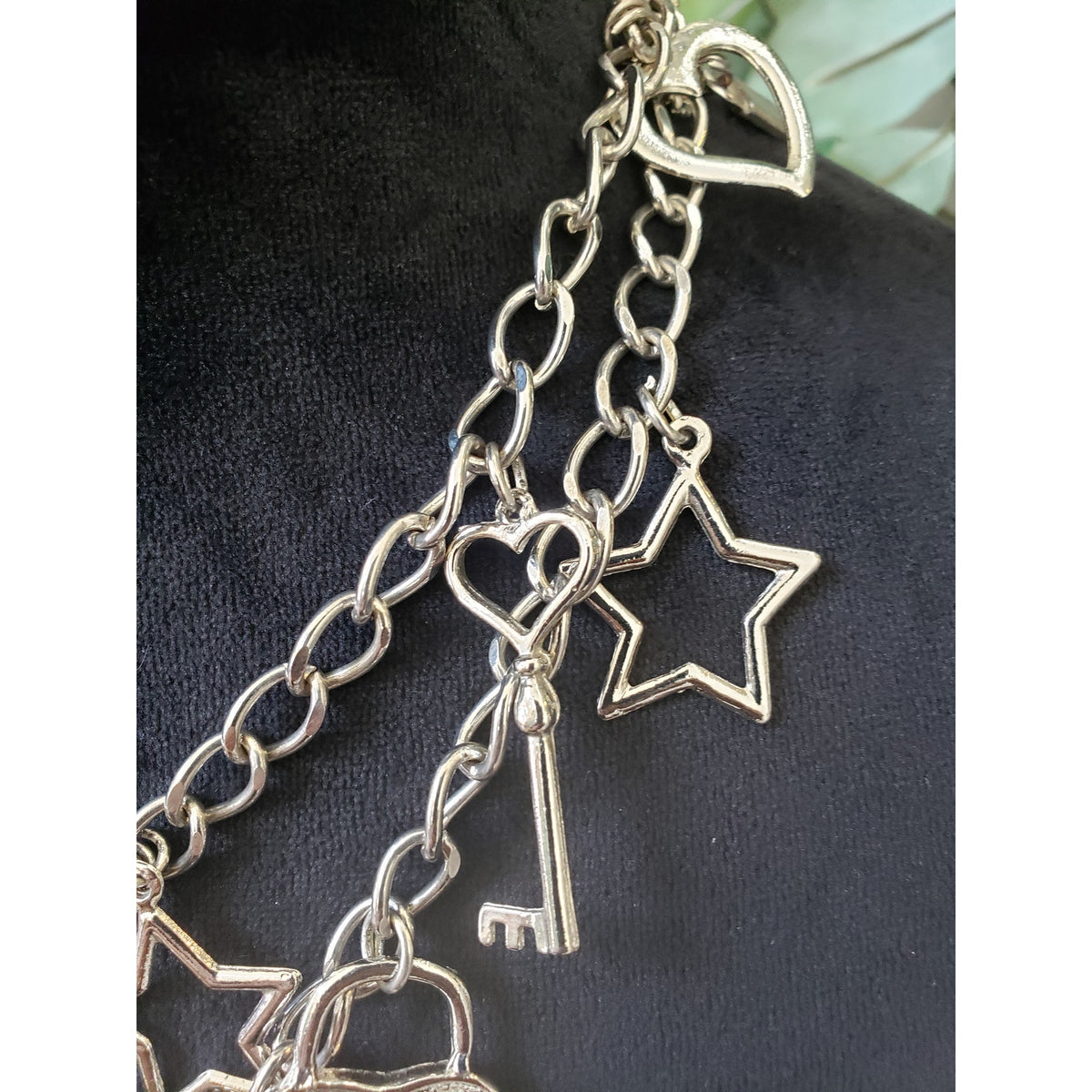 Womens 2 Strand Silver Plated Heart Star Key Charms Necklace with Toggle Clasp