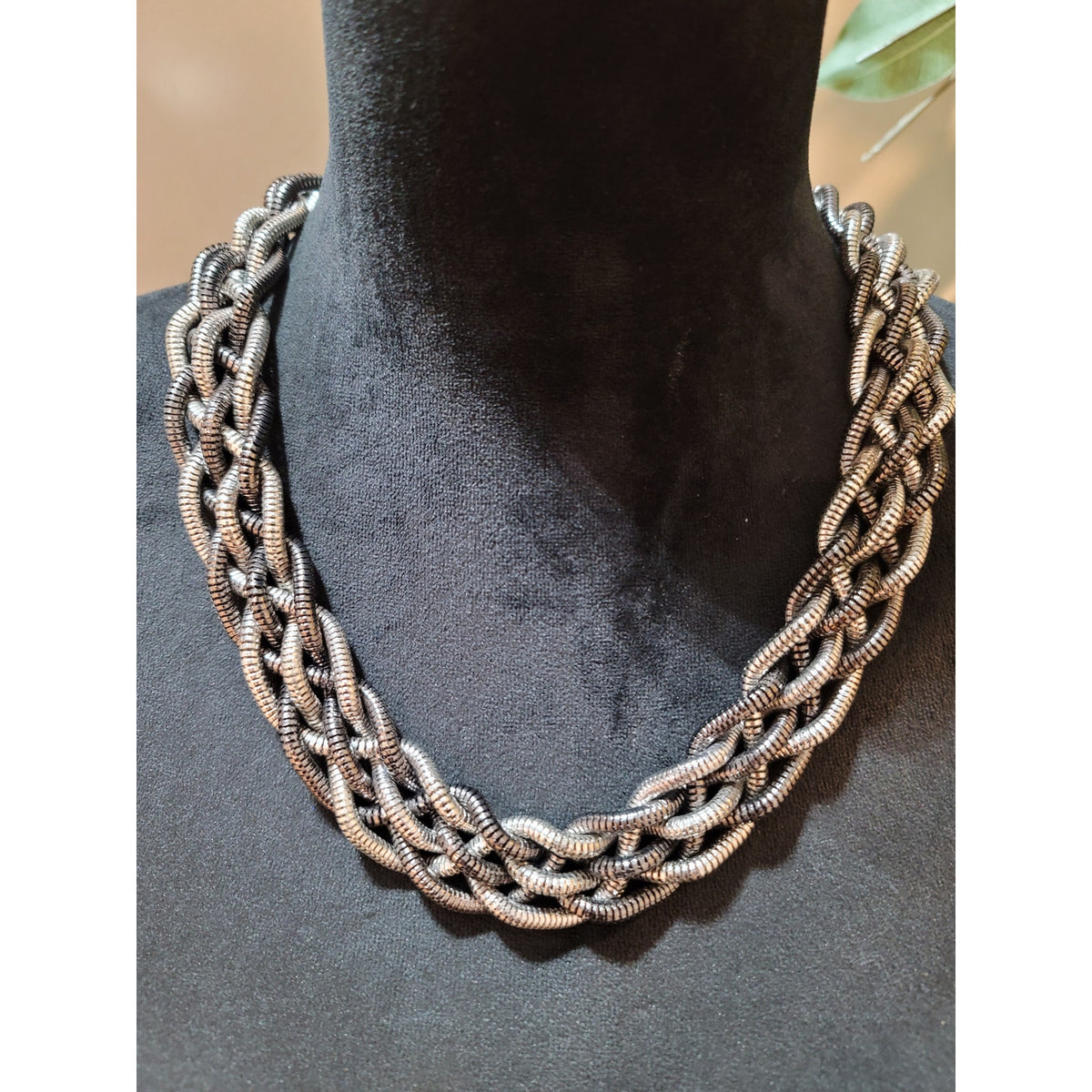 Women’s Multi-Strand Woven Metallic Coil Necklace with Silver-Tone Finish