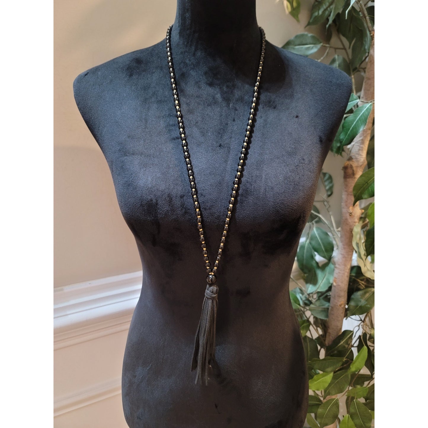 Women's Black Beaded Necklace With Gold Accents Tassel Pendant Lobster Clasp