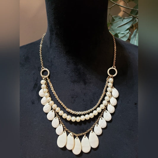 Womens Gold Tone Faux Pearl Faceted Acrylic Teardrop Bib Necklace with Lobster