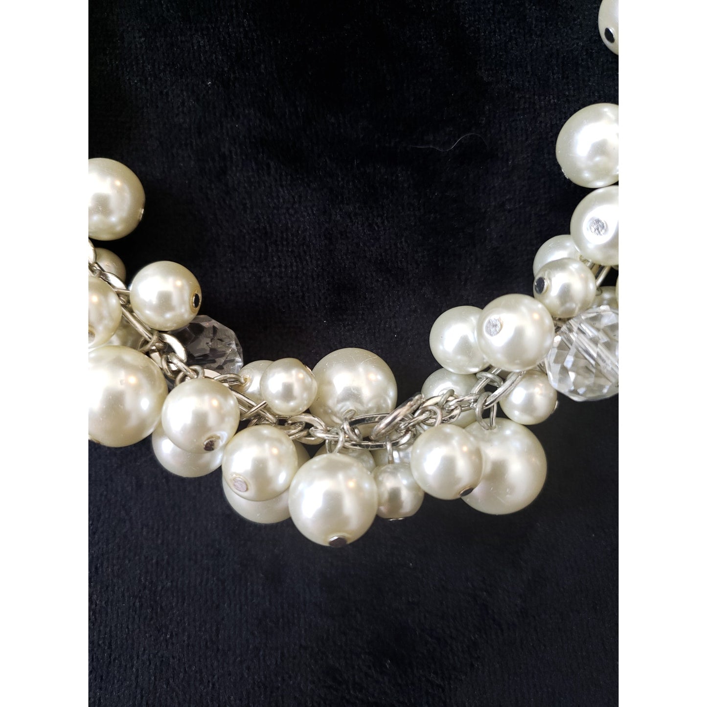Womens Silver Tone Ivory Faux Pearls Crystals Cluster Statement Necklace Jewelry